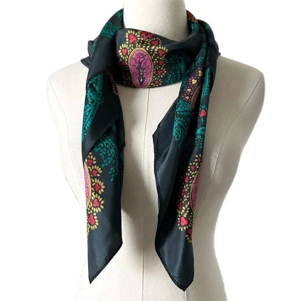 Diane Von Furstenberg 100% Silk Scarf Black Multicolor Paisley Plaid Luxury